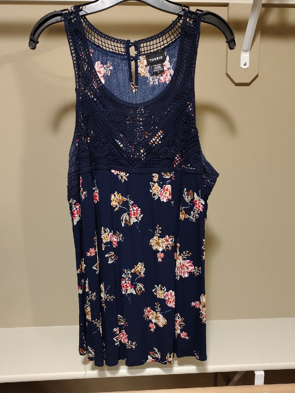 torrid navy floral crochet yoke tank